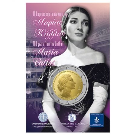 Pièce de 2 € Grèce 2023 – 100e anniversaire de la naissance de Maria Callas, Carte commémorative, BU