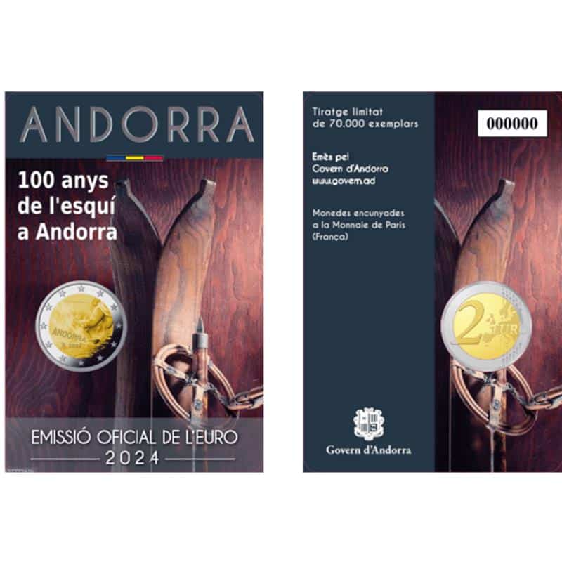 Andorre – 2 euros 2024, 100 ans de ski, carte de collection BU FDC