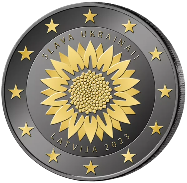 Pièce de 2 € en or ruthénium 24 carats de Lettonie « Tournesol pour l'Ukraine » 2023