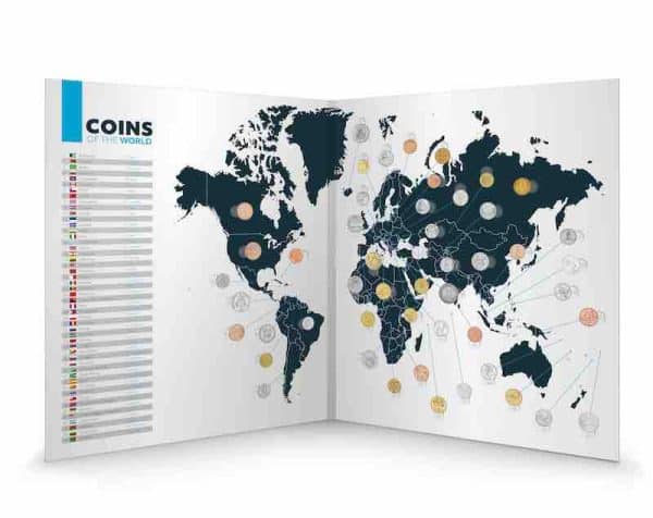 Parcourez la Terre avec 50 pièces authentiques sur une immense carte.