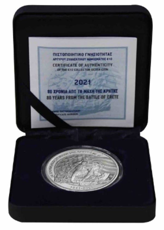 Pièce de collection Bataille de Crète 80 ans 10 € Argent 925 Grèce 2021