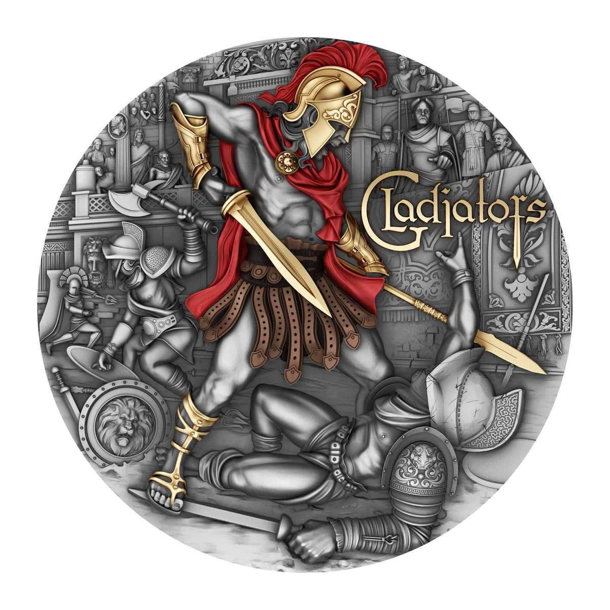 Pièce de monnaie Gladiators 2 oz Argent 999 Haut Relief Plaqué Or 24K 2024