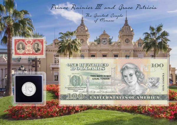 Collection Grace Kelly et Rainier avec timbre-poste et pièce de monnaie