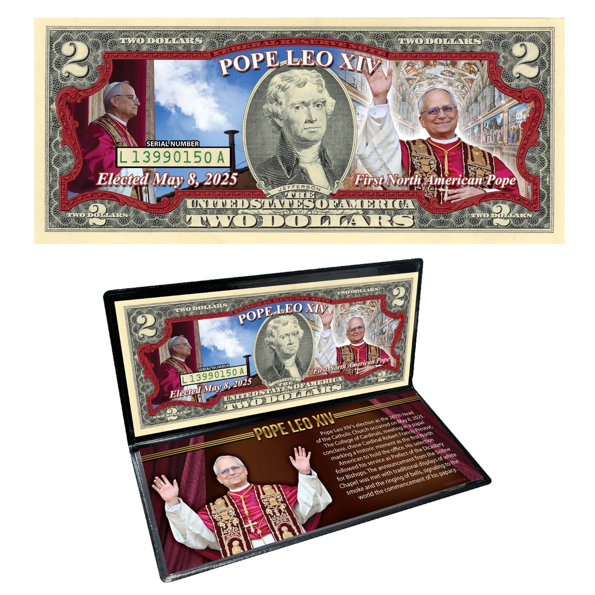 Coffret de billets de banque de collection Pape Léon XIV 2$ États-Unis 2025