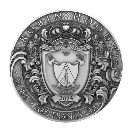 Pièce d'argent 2 oz « Robin des Bois » Argent 999 Or Cameroun 2024
