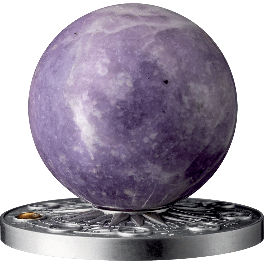 Prévente de la pièce de 2 oz Système solaire - Mercure - Argent 999 Or Sphère Lépidolite Ghana 2024