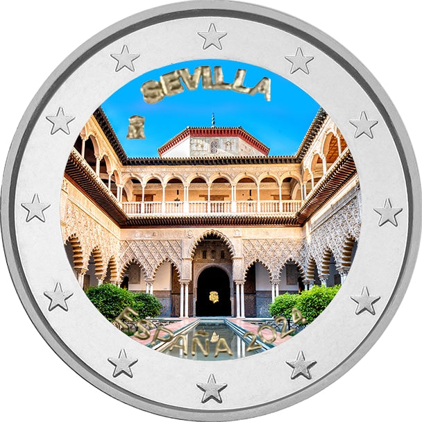 2 euros Espagne colorée Cathédrale de l'Alcazar et Archivo de Indias à Séville 2024