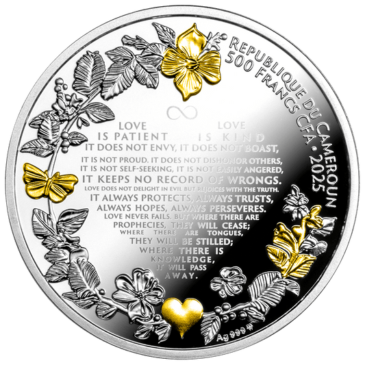 Les Colombes de l'Amour, Pièce de 1/2 oz en argent pur 999, Cameroun 2025