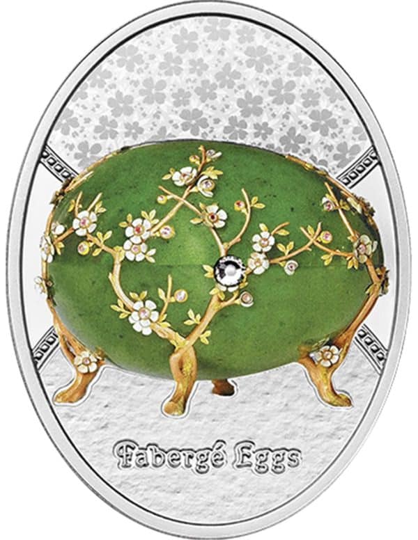Pièce de 1 $ Fabergé représentant un œuf de pommier en fleurs, argent 999, New York Crystal 2024