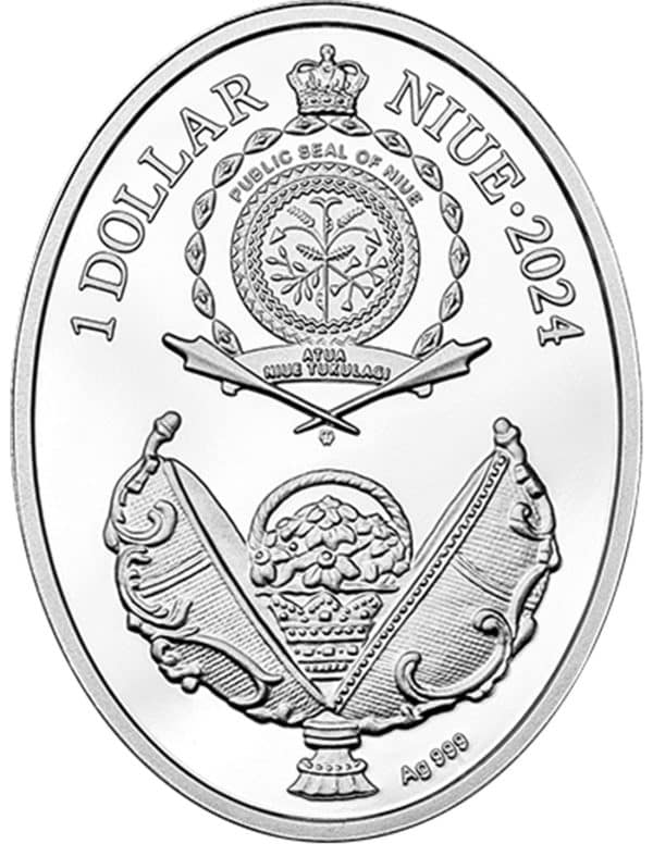 Pièce de 1 $ Fabergé représentant un œuf de pommier en fleurs, argent 999, New York Crystal 2024
