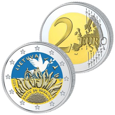 Pièce de 2 euros colorée, émise conjointement par l'Ukraine et la Lituanie en 2023.