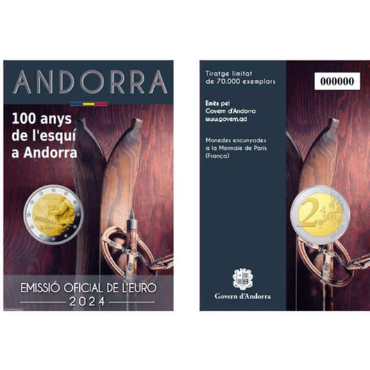 Andorre – 2 euros 2024, 100 ans de ski, carte de collection BU FDC