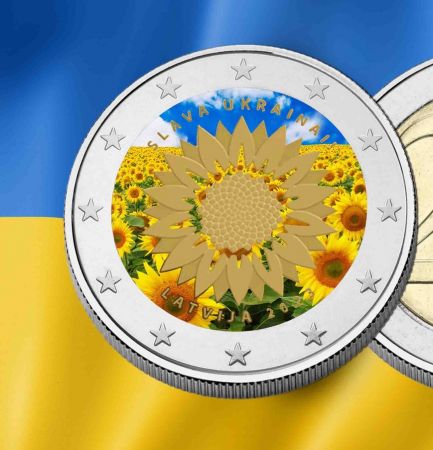 Pièce de 2 euros, colorée, tournesol ukrainien, Lettonie, 2023