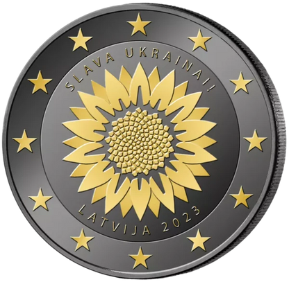 Pièce de 2 € en or ruthénium 24 carats de Lettonie « Tournesol pour l'Ukraine » 2023