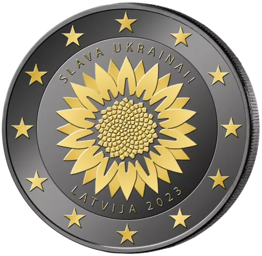 Pièce de 2 € en or ruthénium 24 carats de Lettonie « Tournesol pour l'Ukraine » 2023