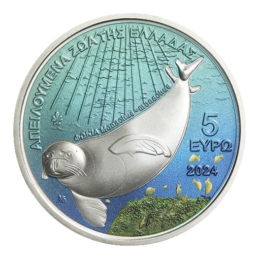 5€ Le sceau moine de Méditerranée (Monachus monachus), argent, qualité Belle Épreuve, Grèce 2024