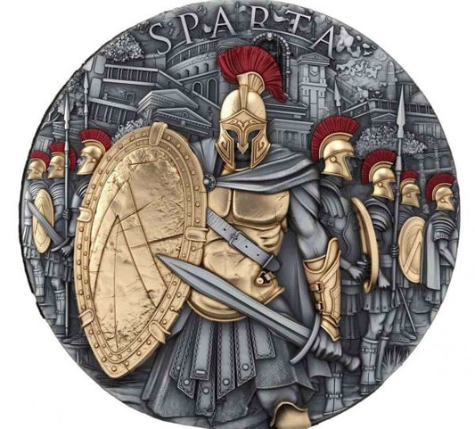 TEΛEYTAIO ! Pièce de SPARTE 2 oz Argent 999 Plaqué or haut relief 2023