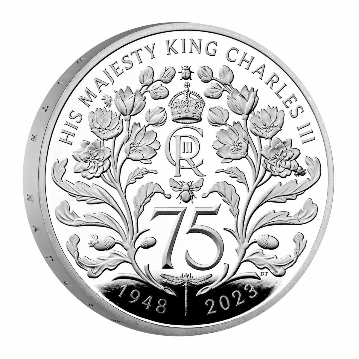 Pièce de 5 livres sterling, commémorant le 75e anniversaire du roi Charles III, Royaume-Uni, 2023, argent pur.