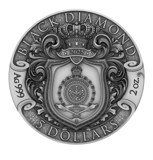 Pièce Black Diamond de 2 oz en argent 999, plaquée or 24 carats, millésime 2025