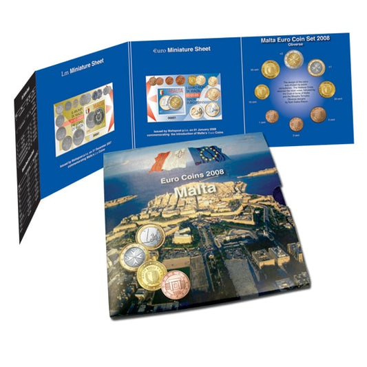 Coffret de premières pièces en euros de Malte 2008 avec timbre