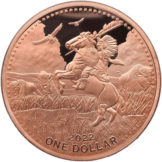 Énorme pièce de 1 $ représentant un chasseur de bisons, Ø 65 mm, 155,55 g, cuivre, Mesa Grande