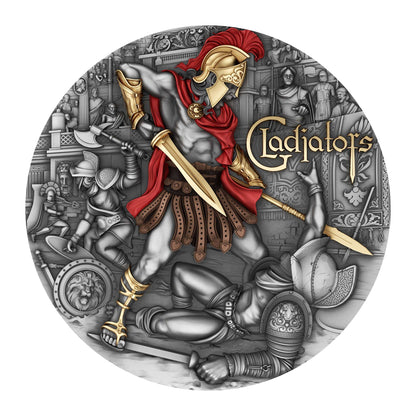 Pièce de monnaie Gladiators 2 oz Argent 999 Haut Relief Plaqué Or 24K 2024