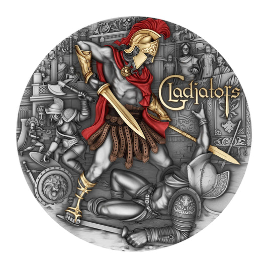 Pièce de monnaie Gladiators 2 oz Argent 999 Haut Relief Plaqué Or 24K 2024