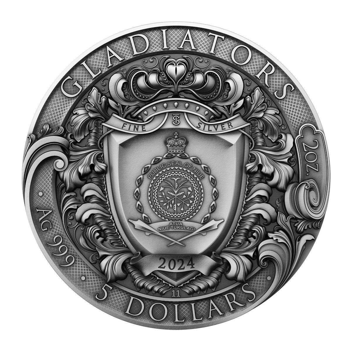 Pièce de monnaie Gladiators 2 oz Argent 999 Haut Relief Plaqué Or 24K 2024