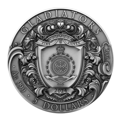 Pièce de monnaie Gladiators 2 oz Argent 999 Haut Relief Plaqué Or 24K 2024