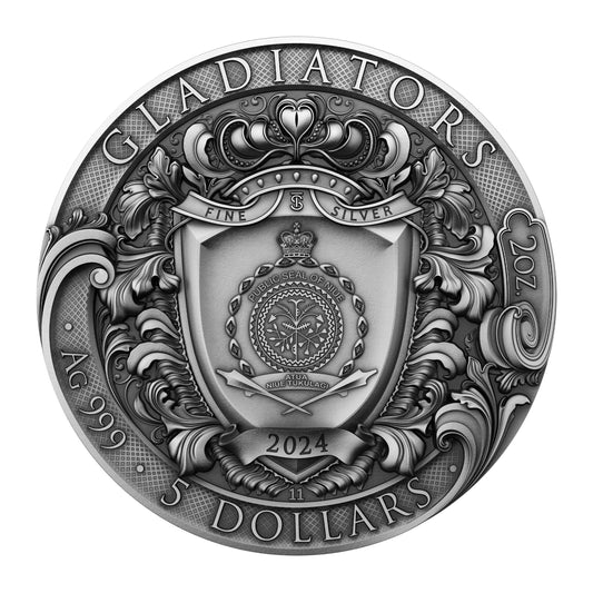 Pièce de monnaie Gladiators 2 oz Argent 999 Haut Relief Plaqué Or 24K 2024