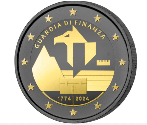 Pièce de 2 euros en or ruthénium, Italie, 250e anniversaire de la fondation de la police financière AURU 2024