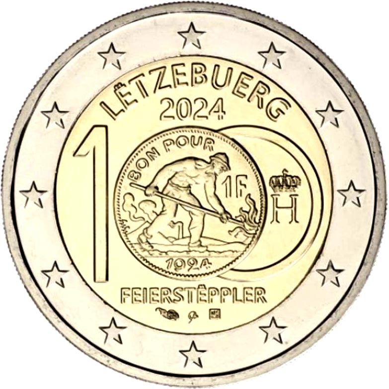 2 euros Luxembourg 2024 100 ans depuis l'introduction des pièces en franc luxembourgeois à l'effigie du Feierstäppler