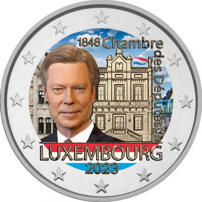Pièce de 2 euros colorée, commémorant le 175e anniversaire de la Chambre des représentants, la 1re Constitution, Luxembourg, 2023