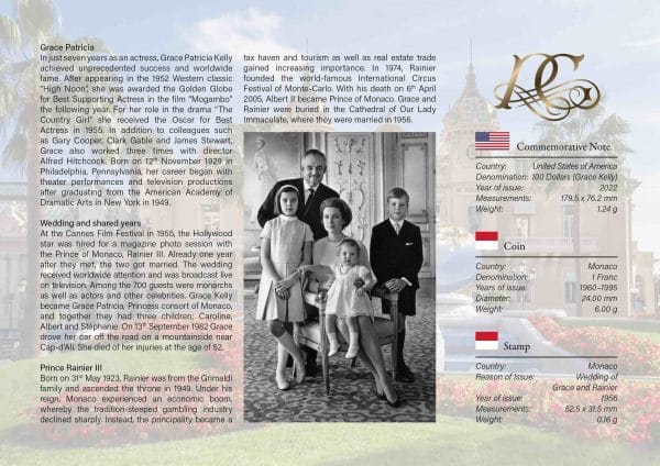 Collection Grace Kelly et Rainier avec timbre-poste et pièce de monnaie