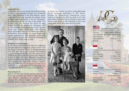 Collection Grace Kelly et Rainier avec timbre-poste et pièce de monnaie