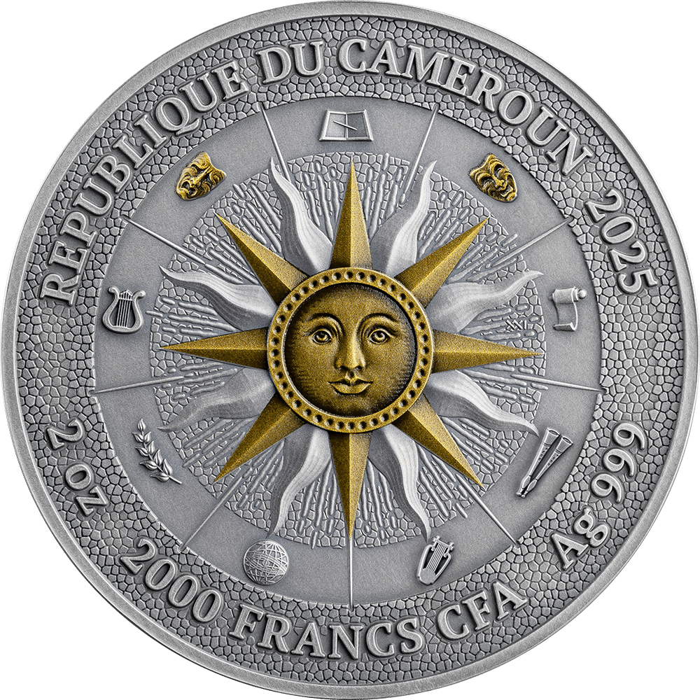 Pièce de 2 oz en argent 999 à l'effigie de Thalia et Melpomène, 9 Muses, Cameroun 2025