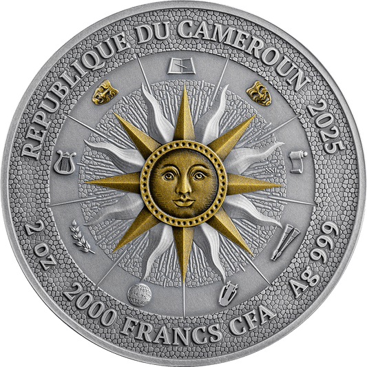 Pièce de 2 oz en argent 999 à l'effigie de Thalia et Melpomène, 9 Muses, Cameroun 2025