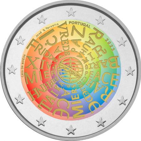 Pièce de 2 euros colorée, Paix entre les nations, Portugal, 2023