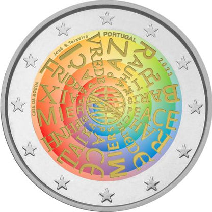 Pièce de 2 euros colorée, Paix entre les nations, Portugal, 2023