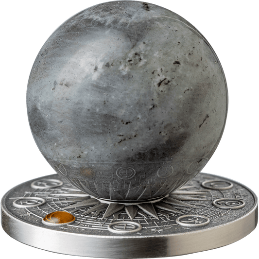 Prévente de la pièce de monnaie Système solaire Lune Labradorite 2oz Argent Or 999 Ghana 2025