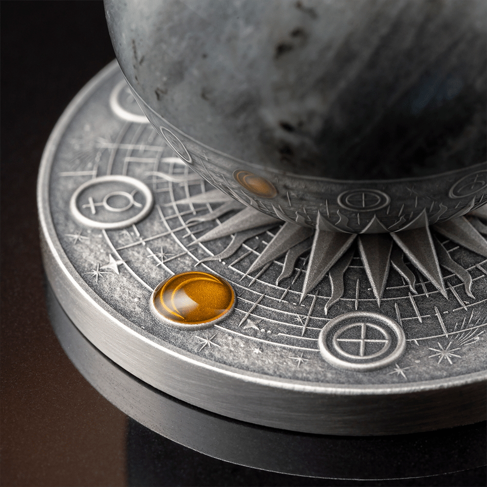 Prévente de la pièce de monnaie Système solaire Lune Labradorite 2oz Argent Or 999 Ghana 2025