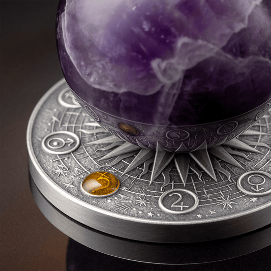 Prévente de la pièce Saturne du système solaire en améthyste, 2 oz argent 999 or Ghana 2025