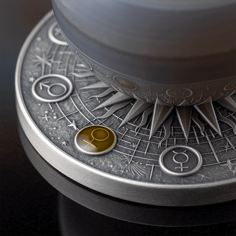 Pièce de monnaie en agate Vénus du système solaire, 2 oz argent 999 or, Ghana 2025