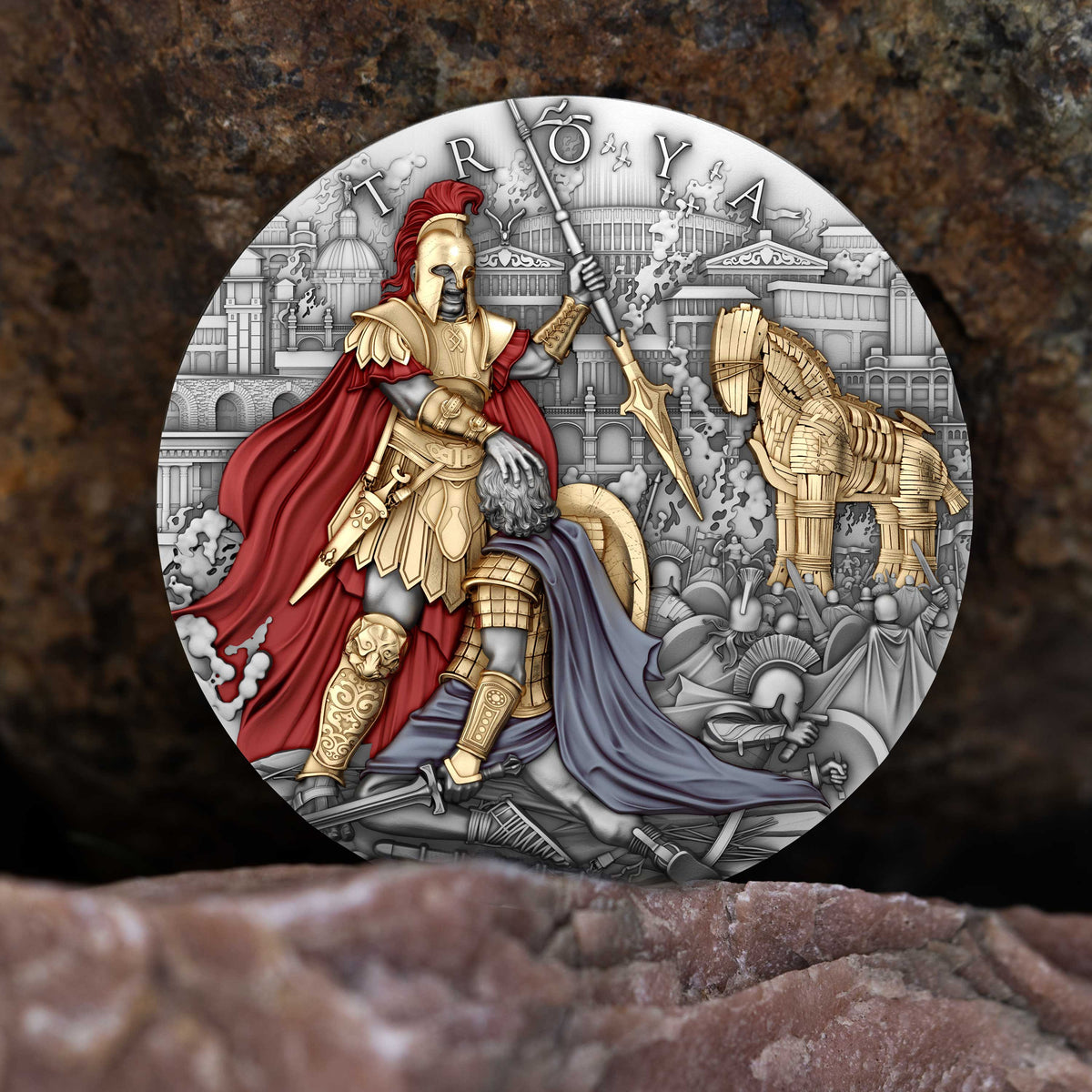 Prévente de la pièce TROY de 2 oz en argent 999, haut relief, plaquée or 24 carats, millésime 2024