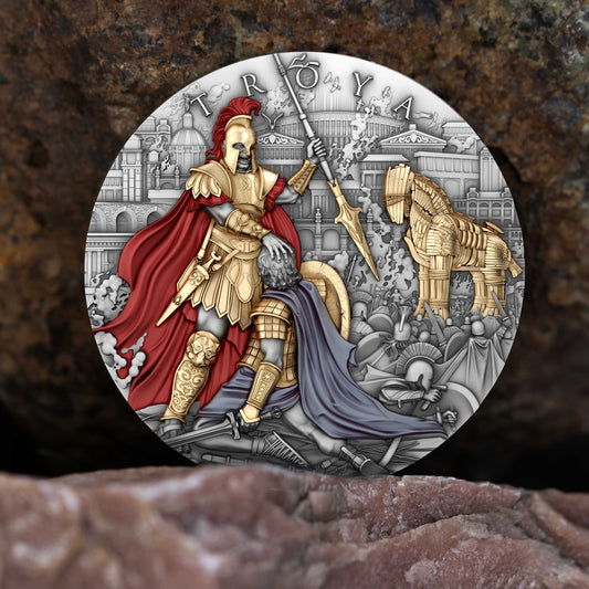 Prévente de la pièce TROY de 2 oz en argent 999, haut relief, plaquée or 24 carats, millésime 2024