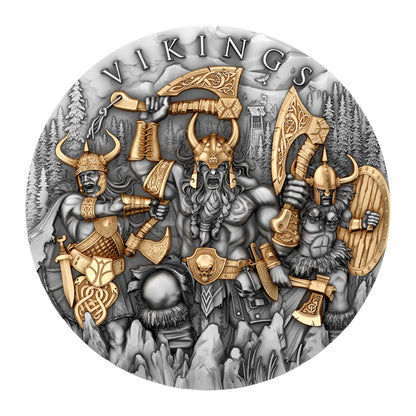 Pièce Vikings 2 oz Argent 999 Haut Relief Plaqué Or 24K 2024