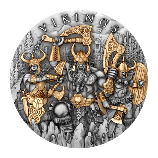 Pièce Vikings 2 oz Argent 999 Haut Relief Plaqué Or 24K 2024
