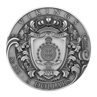 Pièce Vikings 2 oz Argent 999 Haut Relief Plaqué Or 24K 2024