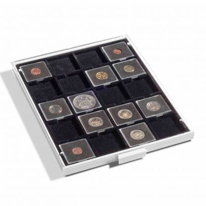 Monnaie Quadrum à 20 compartiments carrés de 50 × 50 mm – Gris fumé avec tiroir noir