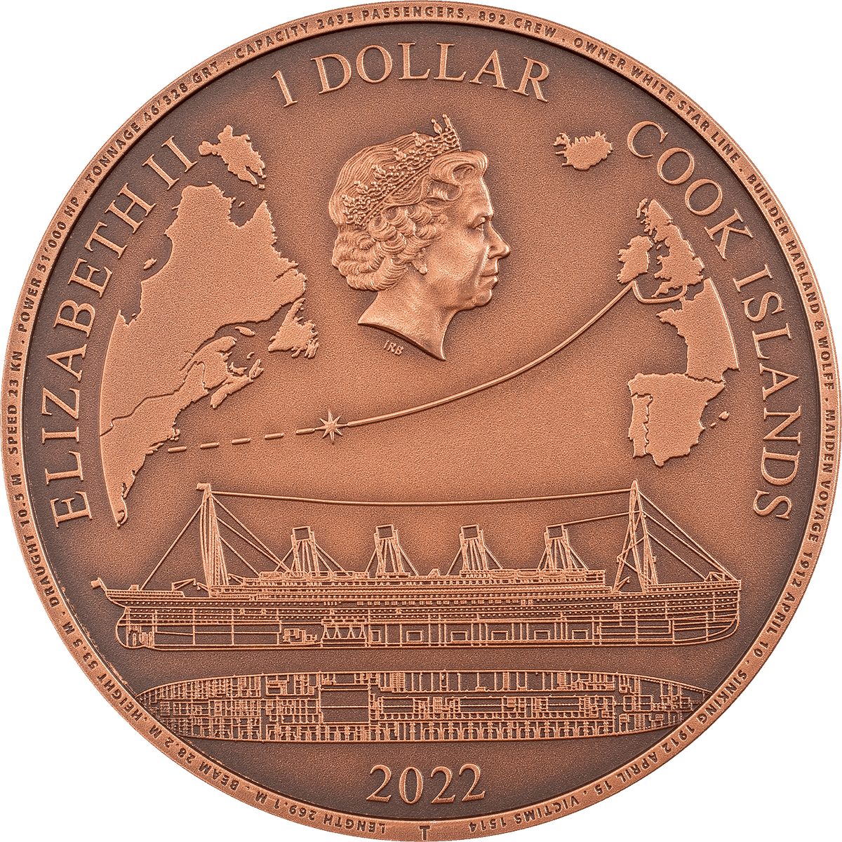 Pièce de 1 dollar Titanic 100 ans en cuivre, Îles Cook 2022